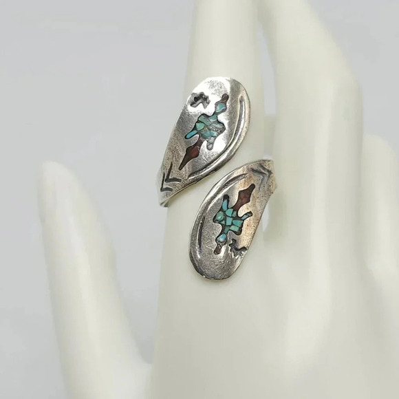 Vintage Navajo Sterling Silver Blue Turquoise Red Coral Inlay Wrap 9.5 Ring - Picture 1 of 6